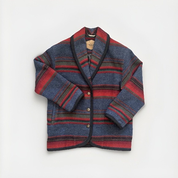 Vintage Woolrich Southwestern Blanket Coat Wool Aztec Striped USA Cabin Ranch - Picture 2 of 10